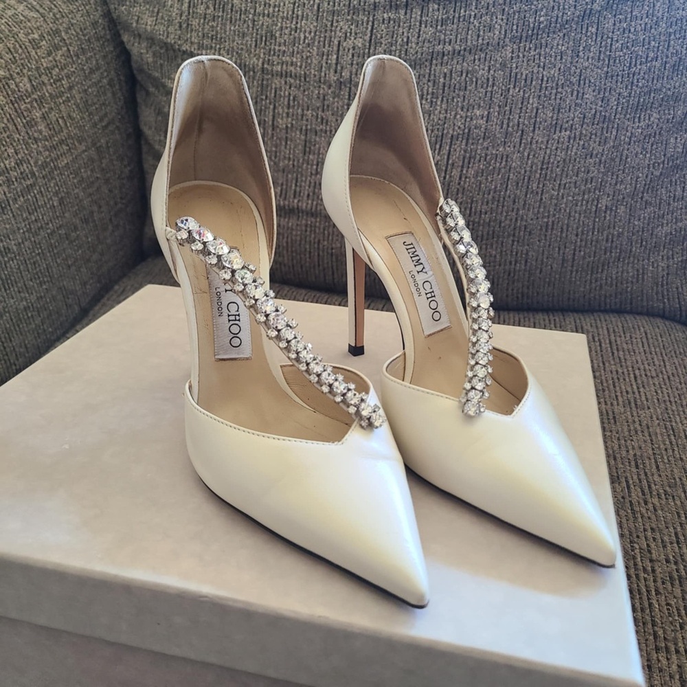 Jimmy Choo White Satin Stiletto Heels with Crystal Strap